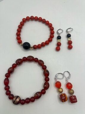 Handmade Red Beaded Bracelet and Earring Set - Red